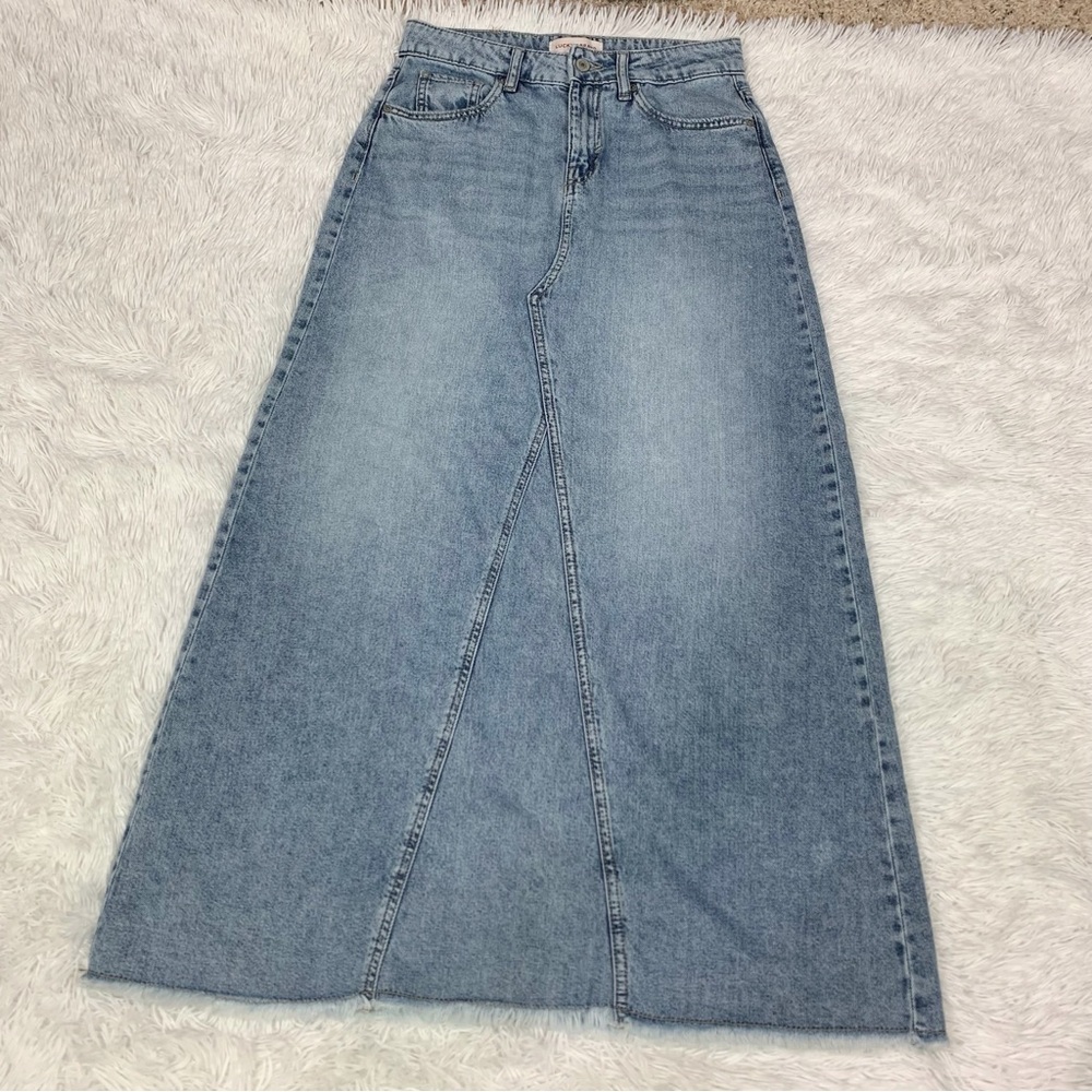 Lucky Brand Light Blue‎ Denim maxi Skirt aline Frayed hem